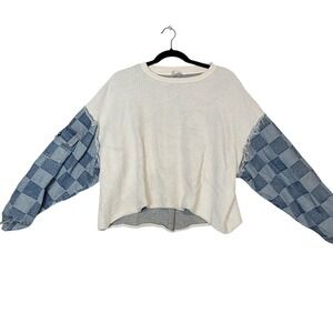 BIB! Mixed Media Denim Patchwork Sleeve Womens Sweatshirt Cream Blue Patchwork M
